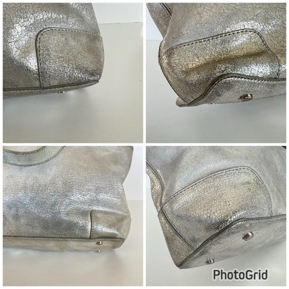 TORY BURCH Bombe Metallic Silver Shimmer Crackled Leather Shoulder Bag Tote - Picture 14 of 15